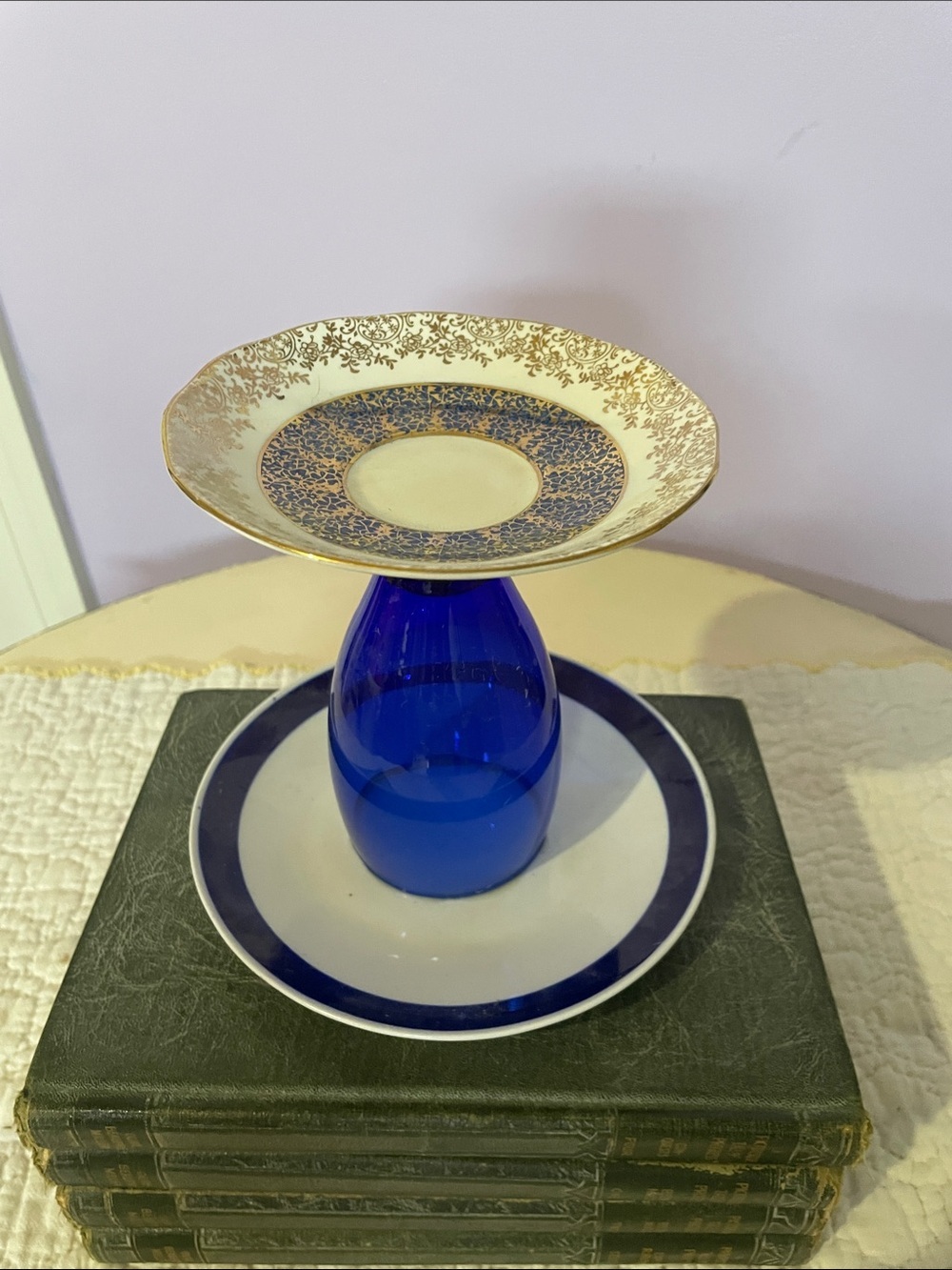 Blue Glass Pedestal serving  Stand with Gold-Trimmed China Plate